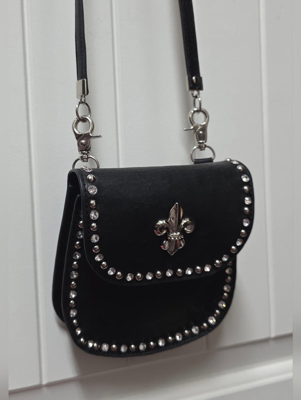 Fleur de Lis Rhinestone Leather Mini Crossbody Bag